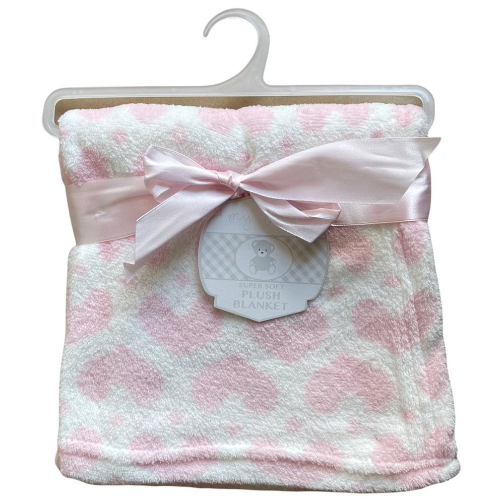 My Baby Brand Plush Baby Blanket Super Soft 30”x30” | Pink | Hearts